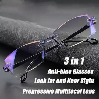 Женщины Мужчины 3в1 Очки для чтения без оправы с бриллиантовой огранкой Светлая и синяя пленка Полная степень 1,0 1,5 2,0 2,5 3,0 3,5 4,0 Очки Антисиние очки 1.0 темно-коричневого