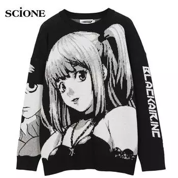 Женщины Мужчины Готические Толстовки Хип-Хоп Уличная Одежда Harajuku Свитер Винтаж Ретро Японский Стиль Аниме Девушка Вязаный Свитер Хлопок Пуловер M чёрный