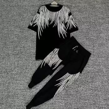 Женщины Мужчины Осень Повседневный Комплект Из Двух Частей Женский Наряд Сверкающий XXXXL чёрный