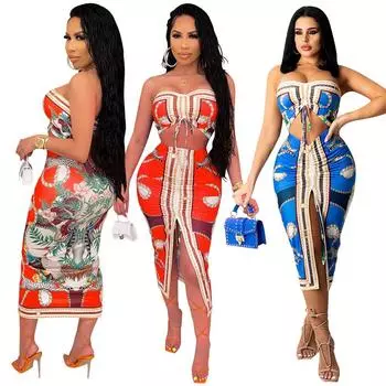 Женщины невесты подружки невесты свадебные безрукавки без бретелек блузка топ разрез принт макси длинная юбка праздничные комплекты одежды S красный