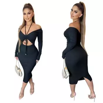 Женщины невесты подружки невесты свадебные платья с открытыми плечами халтер вырез с длинными рукавами длинное платье вечерние миди бальные платья S чёрный