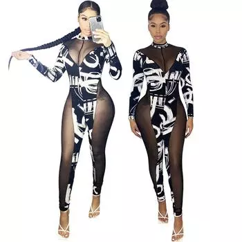 Женщины невесты подружки невесты свадебный круглый вырез принт сетка длинные рукава длинный комбинезон вечерние комбинезоны S чёрный