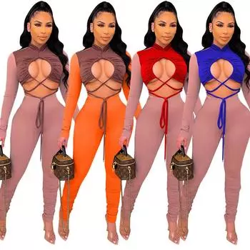 Женщины невесты подружки невесты свадебный круглый вырез ажурный бандаж длинные рукава длинный комбинезон вечерние комбинезоны S оранжевый