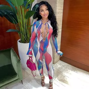 Женщины невесты подружки невесты свадебный V-образный вырез длинные рукава принт длинный комбинезон вечерние комбинезоны S