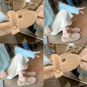 Женщины, носящие плюшевые туфли зимой, надевают толстые подошвы с плюшевой норковой шерстью и одну ногу в теплые туфли из хлопка La 35 покинуть белый