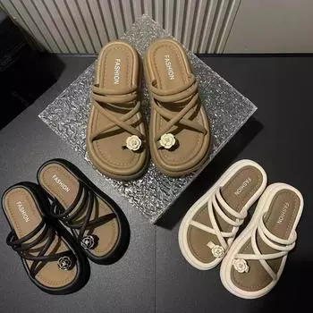 Женщины носят новое летнее пляжное платье с цветочным принтом и застежкой-носком с римскими сандалиями 35 чёрный