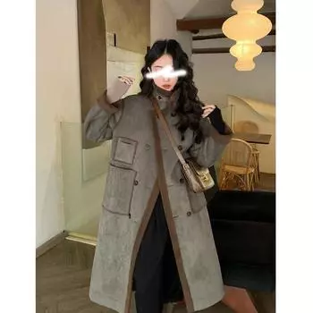 Женщины носят замшевое кашемировое пальто с обеих сторон осенью и зимой, куртка средней длины с воротником-стойкой, утолщенное теплое меховое пальто L чёрный