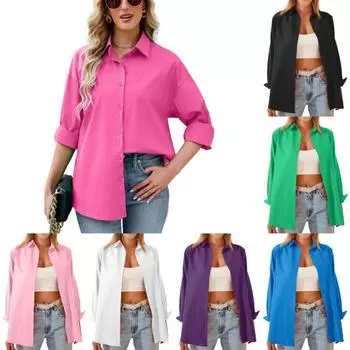 Женщины однотонный кардиган пуговицы рубашки свободная рубашка топ L
