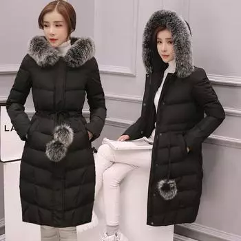 Женская парка Повседневная толстая теплая куртка с длинным рукавом Пальто Женская длинная меховая толстовка с капюшоном Парка M чёрный