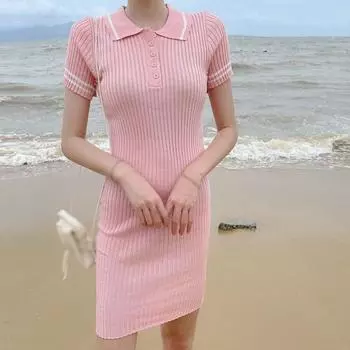 женщины платье Темперамент Лацкан вязать высокий Waist мешок короткий рукав хип тонкий платье one size синий