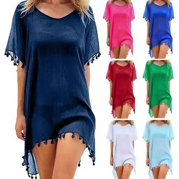 Женщины Пляжная одежда Купальники Tassel Bikini Cover Up Summer Kaftan Sarong Beach Dress one size чёрный