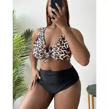 Женщины плюс размер бикини новый плюс размер жира мм сексуальный леопардовый узел раздельный купальник DM436 0XL