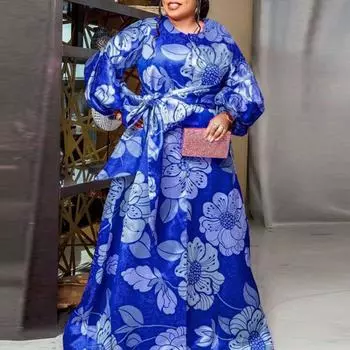 Женщины плюс размер круглый вырез с длинным рукавом пояс с цветочным принтом сплошной цвет свободные платья M ярко-розовый