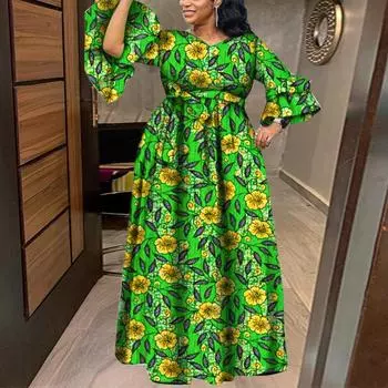 Женщины плюс размер круглый вырез с рюшами и длинными рукавами собрать талию с принтом сплошной цвет свободные платья M зелёный