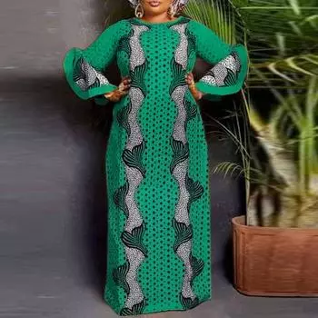 Женщины плюс размер с круглым вырезом и длинным рукавом с принтом Свободное прямое длинное платье M зелёный