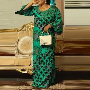 Женщины плюс размер с круглым вырезом и длинным рукавом с цветочным принтом Свободное длинное платье M оранжевый