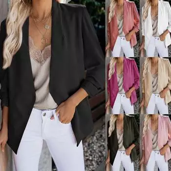 Женщины Плюс Размер Шелковая Атласная Куртка Формальный Кардиган Карманы Рабочий Офисный Костюм Пальто S чёрный