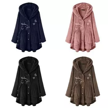 Женщины Плюшевая толстовка Пуговица Пальто Кошка и бабочка Вышитое украшение Пальто L