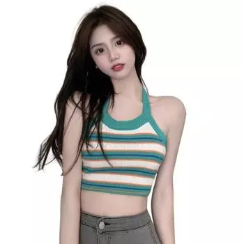 Женщины Полосатый Холтер Сексуальный Сладкий Танк Топы Без Спинки Бинт Экспозиция ПупОк Трикотажный Камзол One Size