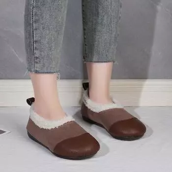Женщины Повседневная обувь Скользящая плоская термо обувь Осень и зима Мама Комфорт Лоферы Обувь 35 чёрный