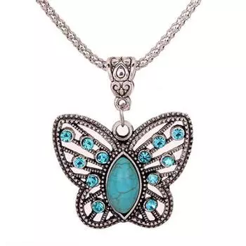 Женщины ретро бирюзовая бабочка полые горный хрусталь инкрустация кулон тибетское ожерелье