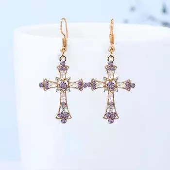 Женщины Rhinestone Инкрустация Крест Кулон Цепочка Ожерелье Крюк Серьги Ювелирный комплект