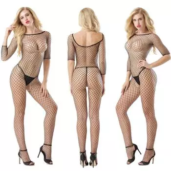 Женщины рыболовная сеть чулок Babydoll белье с открытой промежностью пижамы боди черное белье
