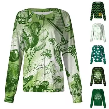 Женщины с длинным рукавом и карманом, рабочая стойка St. Однобортный защитный комбинезон с воротником и принтом ко Дню Святого Патрика, кардиган, куртка, топ XXXXL