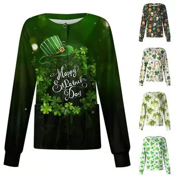 Женщины с длинным рукавом и карманом, рабочая стойка St. Однобортный защитный комбинезон с воротником и принтом ко Дню Святого Патрика, кардиган, куртка, топ XXXXL белый