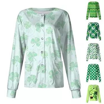 Женщины с длинным рукавом и карманом, рабочая стойка St. Однобортный защитный комбинезон с воротником и принтом ко Дню Святого Патрика, кардиган, куртка, топ S