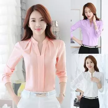 Женщины с длинным рукавом повседневная шифоновая блузка с v-образным вырезом рабочая одежда твердые 2XL белый