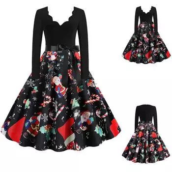 Женщины с длинным рукавом Рождественские музыкальные ноты с принтом Vintage Flare Dress L