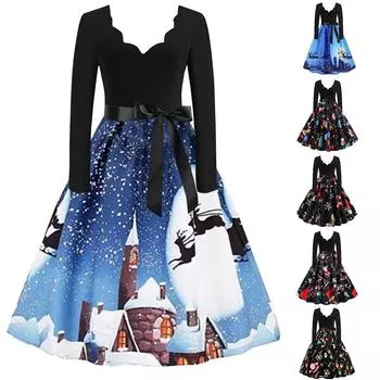 Женщины с длинным рукавом Рождественские музыкальные ноты с принтом Vintage Flare Dress L чёрный