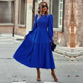 Женщины с круглым вырезом и пышными рукавами, сплошное цветное платье миди с высокой талией и темпераментом L армия зеленый