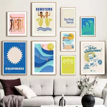 Женщины Серфинг Плакаты Женские Шлепанцы Женщины Расширение прав и возможностей Настенная Живопись Холст Картины Печати Калифорнийское Солнце Картины Для Декора Гостиной 21x30cm No Framed