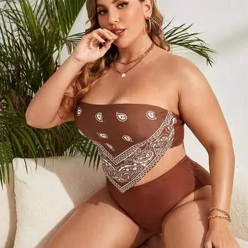 Женщины Сексуальная Мода Плюс Размер Две Части Купальник Бикини Без Бретелек Мягкий Монокини Купальный Костюм 0XL кофейный