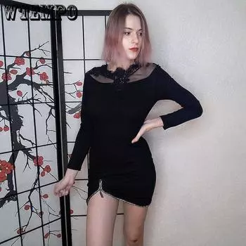 Женщины Сексуальные черные кружева Вуаль Выдолбленные Бодикон Платья Молния Подол Бабочка Ремешок Без спинки Плюс Размер Тонкие платья XL чёрный