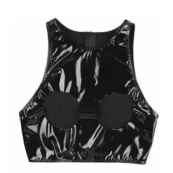 Женщины Сексуальные Wetlook Глянцевые Кожаные Топы Bodycon Для Секса Эротическое Горячее Порно Грудь Обнажая Камзол Блестящий Утягивающий Латексный Жилет Секси S