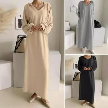 Женщины шнурок с капюшоном сплошной цвет свободные длинные рукава V шеи длиной до щиколотки мягкие повседневные леди 2XL хаки