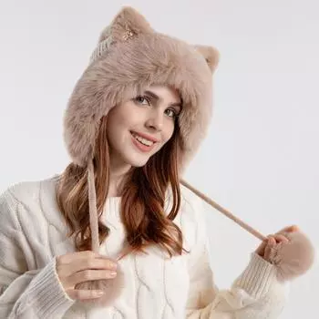 Женщины Симпатичный 3D Мультфильм Кошачьи Уши Наушники Шляпа Зима Утолщение Вязаный Плюшевая Подкладка Теплые Шапки С Меховым Шариком
