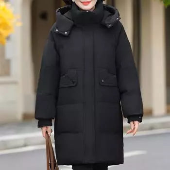Женщины среднего возраста зимние длинные пуховики винтажные большие размеры Prakas с капюшоном элегантные толстые теплые пуховики женская верхняя одежда XL чёрный