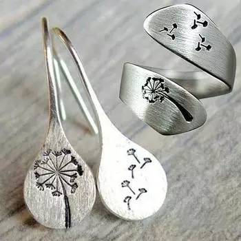 Женщины Старинные Серьги Одуванчик Дизайн Классический Стиль Элегантные Серьги-гвоздики Уха Одуванчик Спиральное Открытие И Палец Кольцо Регулируемый Комплект Ювелирных Изделий Earrings+Ring