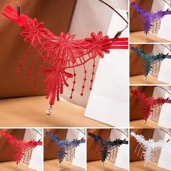 Женщины стринги цветок вышивка кисточкой сплошной цвет выдалбливают искусственный жемчуг декор спагетти