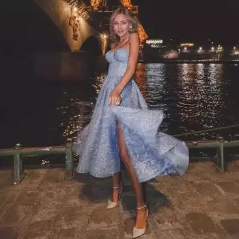 Женщины Свадебные невесты подружки невесты элегантные без бретелек пайетки разрез без рукавов миди длинное платье вечернее бальное платье S синий