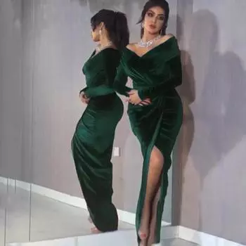 Женщины Свадебные невесты подружки невесты элегантные длинные рукава открытые плечи разрез V-образный вырез макси длинное платье вечернее бальное платье S зелёный