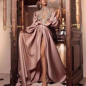 Женщины Свадебные невесты подружки невесты элегантные длинные рукава круглый вырез блестки плиссировка макси длинное платье вечернее бальное платье S розовый