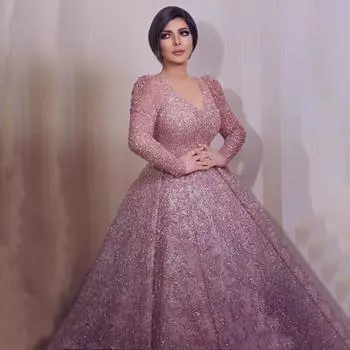 Женщины Свадебные невесты подружки невесты элегантные длинные рукава V-образный вырез блестки макси длинное платье вечернее бальное платье L розовый