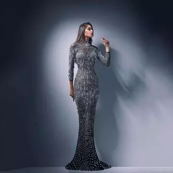 Женщины Свадебные невесты подружки невесты элегантные длинные рукава круглый вырез блестки сетка макси длинное платье вечернее бальное платье S хаки