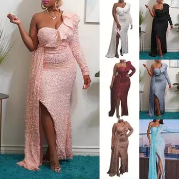 Женщины Свадебные невесты подружки невесты элегантные пайетки разрез оборки одно плечо длинные рукава макси длинное платье вечернее бальное платье S розовый