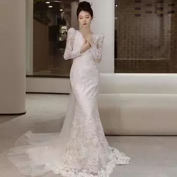 Женщины Свадебные невесты подружки невесты белые длинные рукава кружева элегантные вечерние макси длинные платья платья XS белый